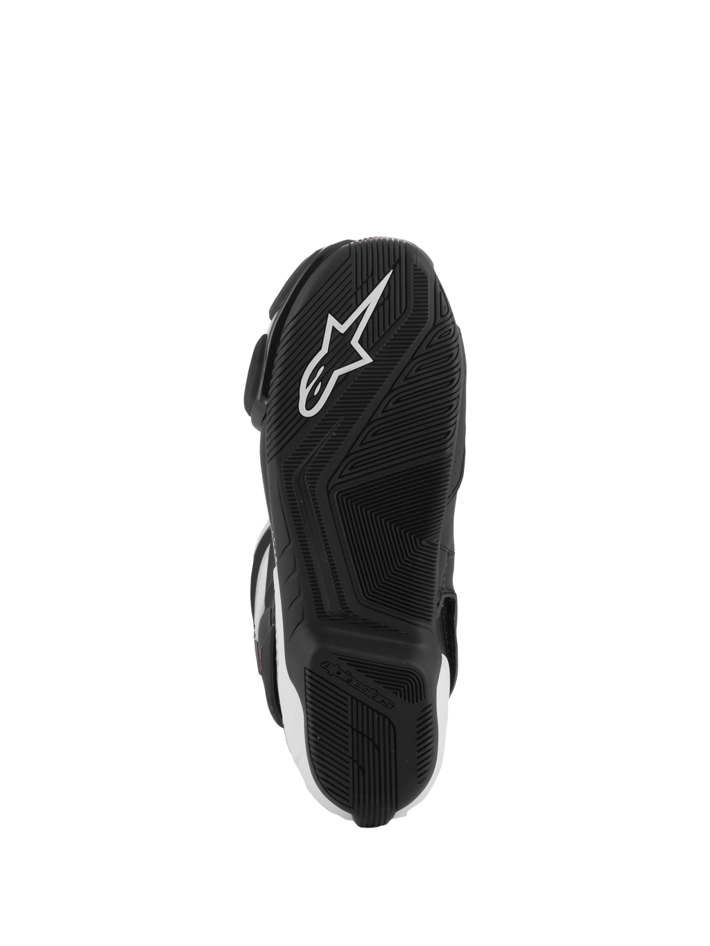 Alpinestars SMX-6 V3 Boots, bottom view of the sole, black rubber with textured grip pattern, featuring a white Alpinestars star logo, performance motorcycle footwear