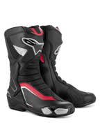 Alpinestars SMX-6 V3 Boots, Performance Motorcycle Boots, Black Silver and Red, featuring a sleek microfiber upper with TPU protection, red accents, and the Alpinestars logo on the lateral side.