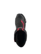 Top-down view of Alpinestars SMX-6 V3 Boots in Black Silver Red, featuring the boot's opening, microfiber construction with red highlights, and integrated TPU shifter zone.