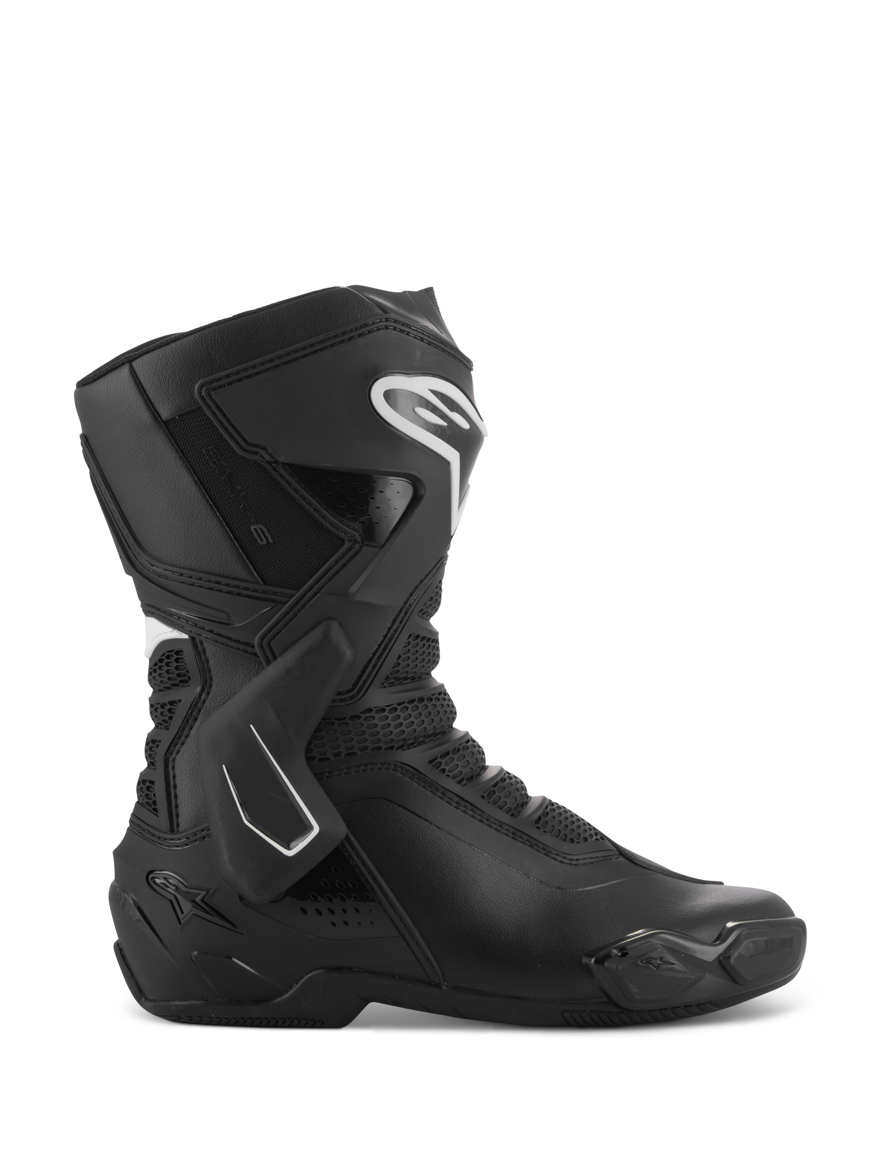 Alpinestars Stella SMX-6 V3 Boots, Women's Motorcycle Racing Boots, Black and White, side profile view featuring TPU ankle brace and shin protectors, breathable mesh panels, white Alpinestars logo on the front, engineered for track and street performance