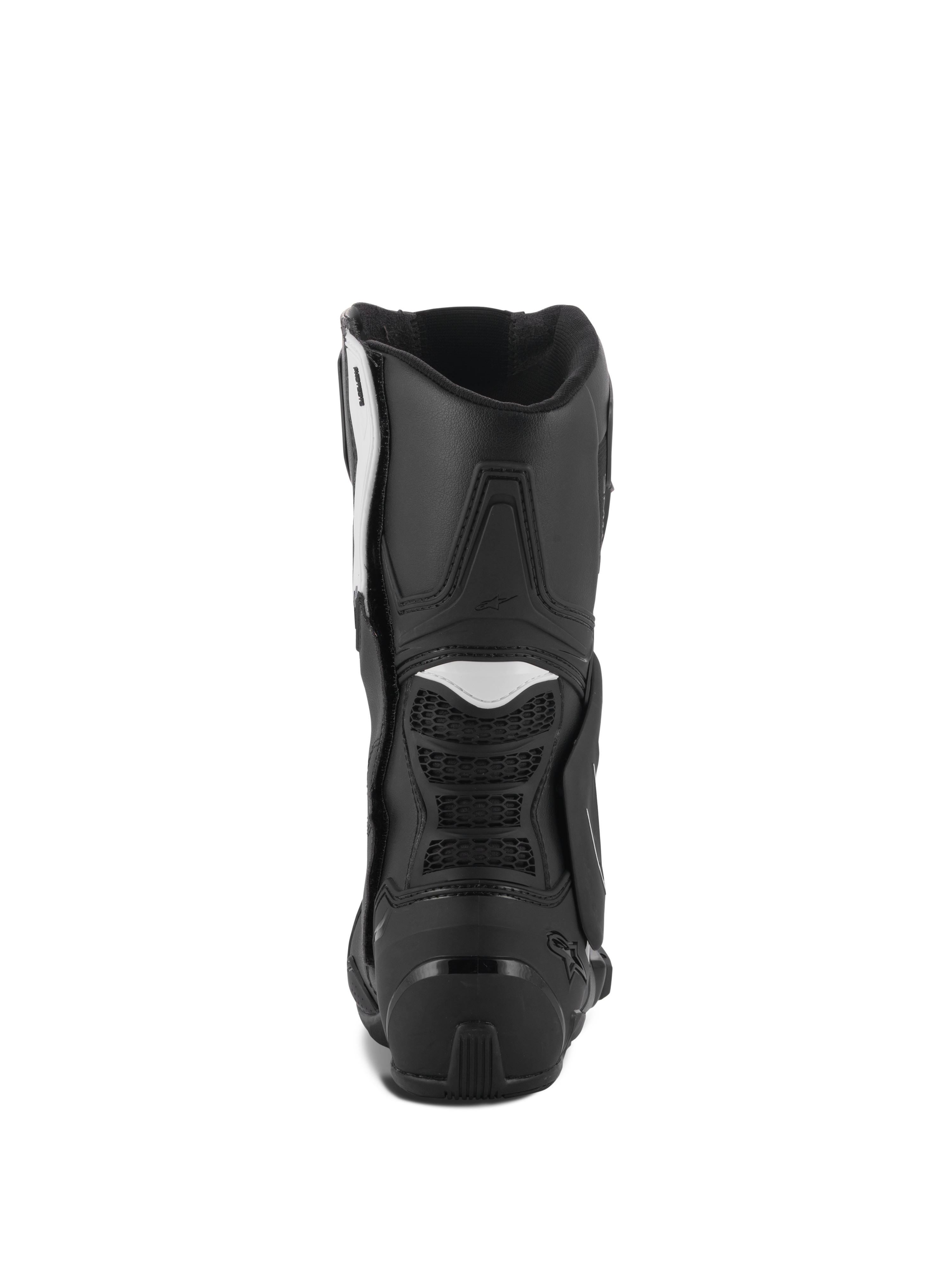 Alpinestars Stella SMX-6 V3 Boots, Women's Motorcycle Boots, Black and White, rear view featuring TPU heel counter and flexible accordion panels, durable performance design