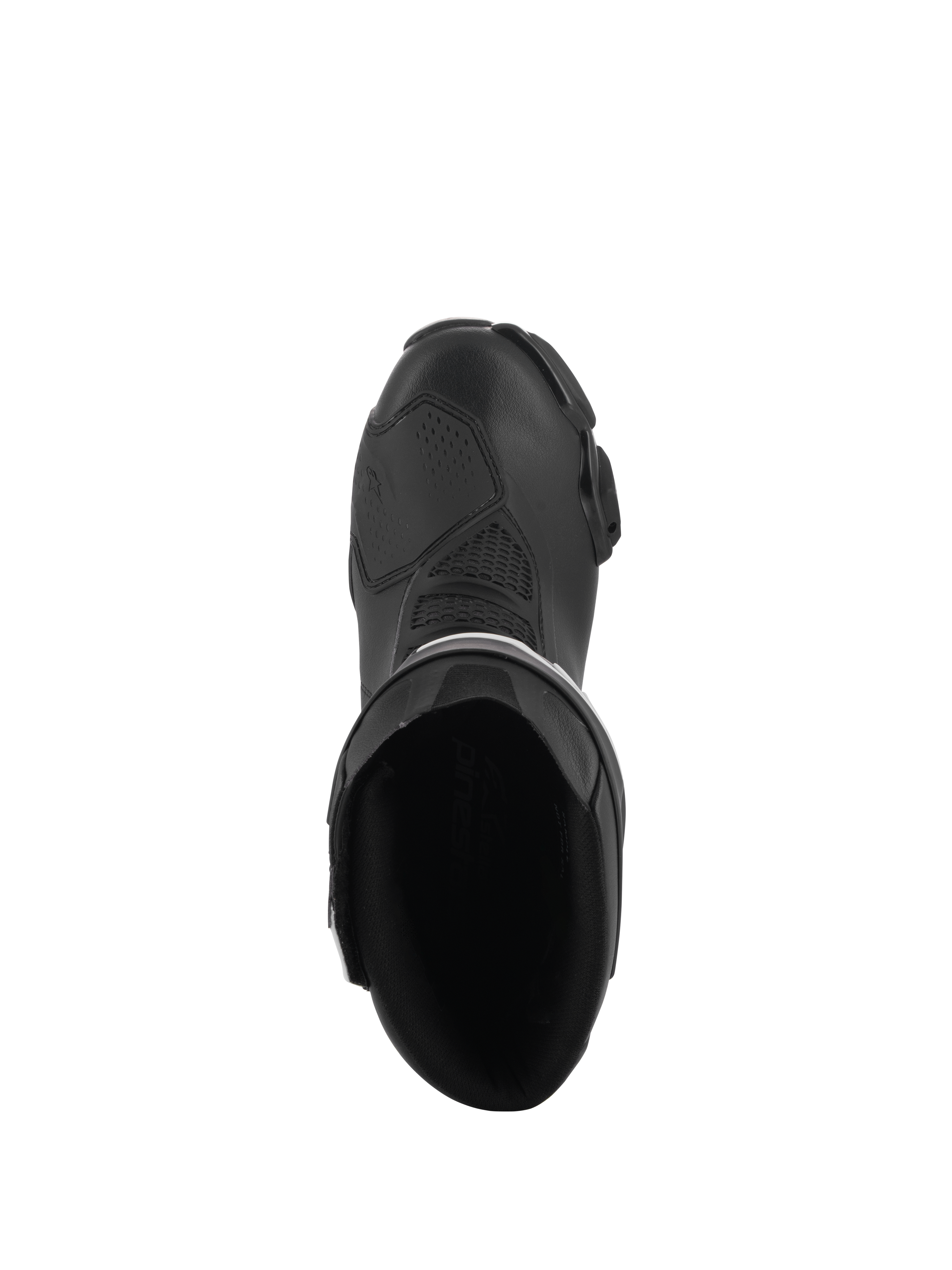 Alpinestars Stella SMX-6 V3 Boots, Women's Performance Riding Boots, Black, top-down view showing the interior opening, reinforced shifter zone, and streamlined ergonomic design.