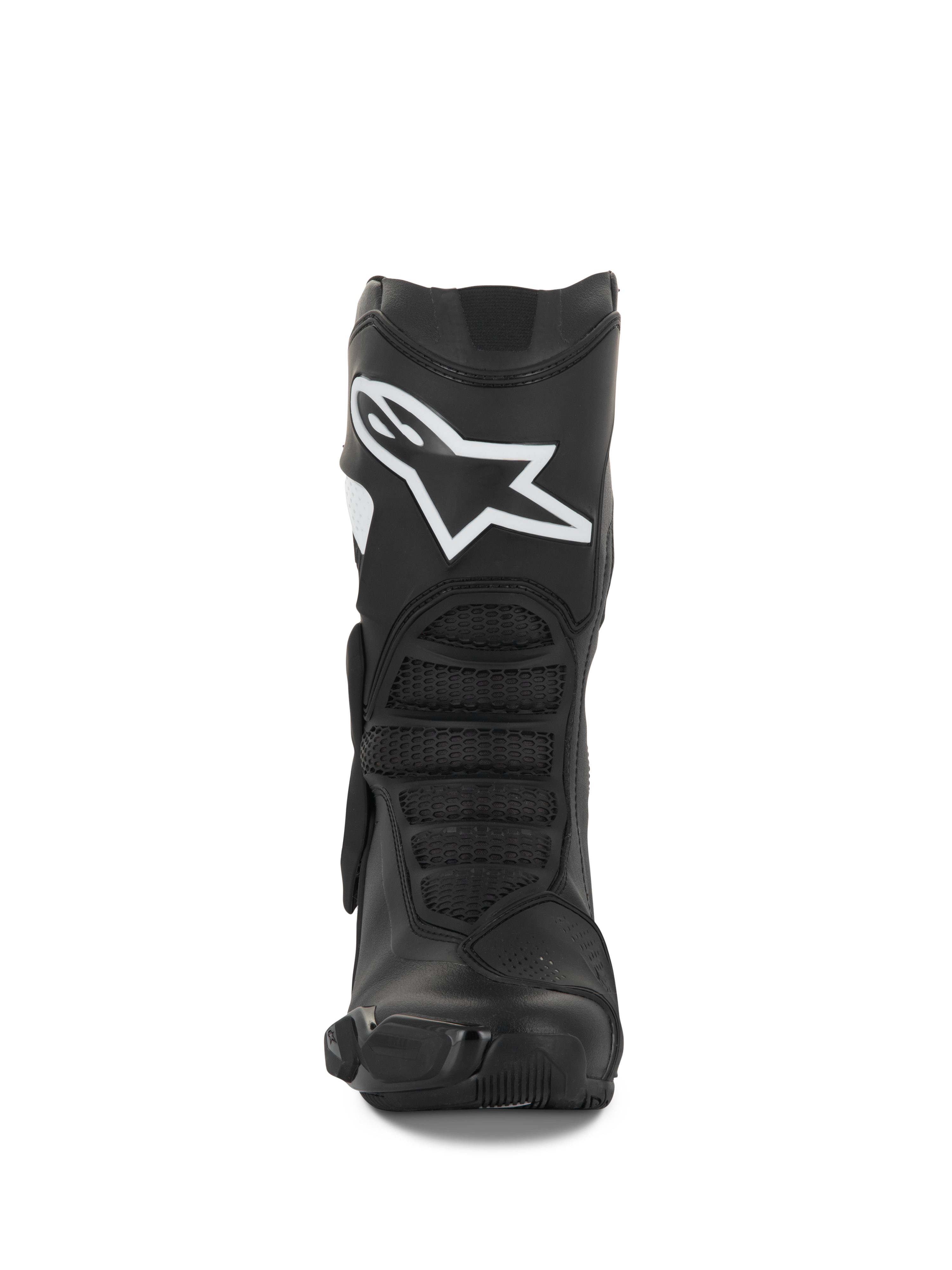 Alpinestars Stella SMX-6 V3 Boots, Women's Motorcycle Boots, Black and White, front-facing view showcasing the white Alpinestars logo on the shin, TPU protection, and ergonomic flex panels, engineered for track and street performance.
