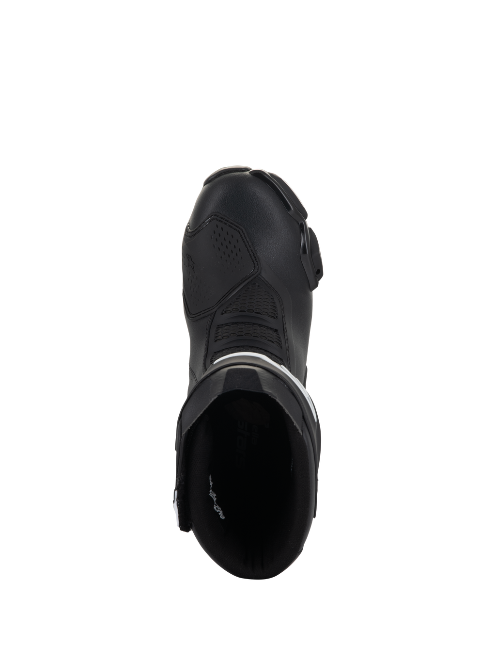 Alpinestars Stella SMX-6 V3 Boots, Women's Racing and Sport Motorcycle Boots, Black and White, top-down view showing the entry opening and streamlined toe box, durable microfiber construction.