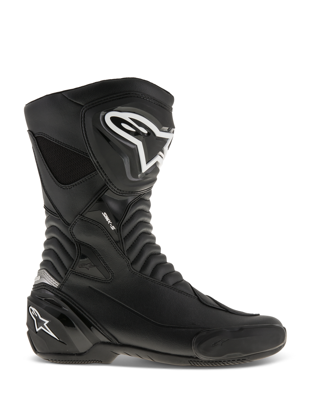 Alpinestars SMX S Boots, Motorcycle Racing Boots, Black with White logos, side profile view featuring durable microfiber construction, reinforced shin and heel protection, flexible accordion flex zones, and a sleek aerodynamic design for sport riding.