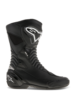 Alpinestars SMX S Boots, Motorcycle Racing Boots, Black with White logos, side profile view featuring durable microfiber construction, reinforced shin and heel protection, flexible accordion flex zones, and a sleek aerodynamic design for sport riding.