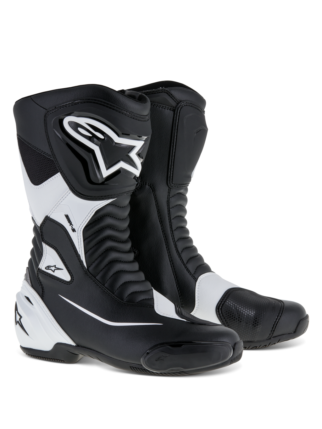 Alpinestars SMX S Boots, Sport Motorcycle Boots, Black and White, featuring a durable microfiber upper with PU shin and heel shields, accordion flex panels, and prominent Alpinestars branding, performance road riding footwear.