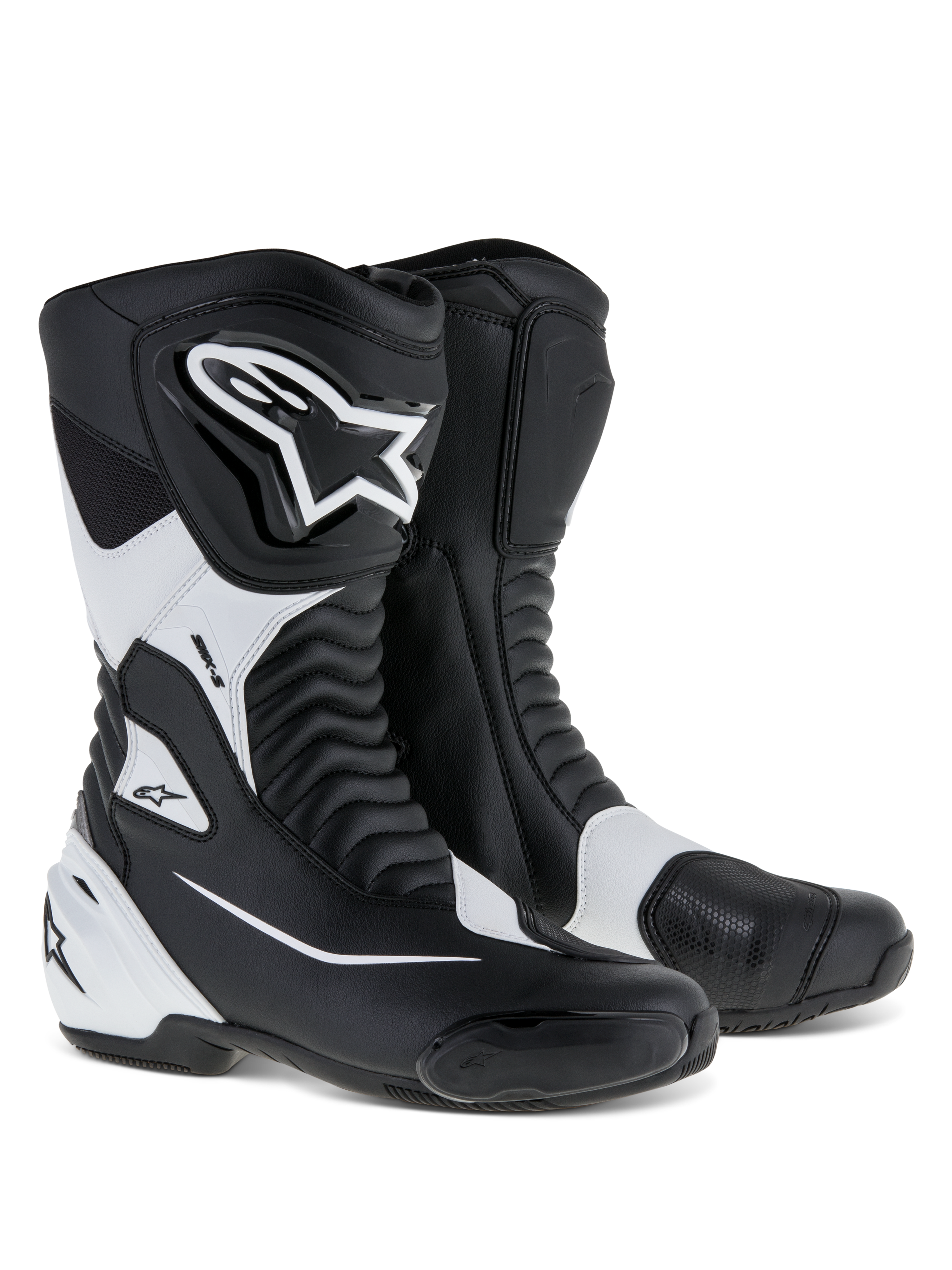 Alpinestars SMX S Boots, Sport Motorcycle Boots, Black and White, featuring a durable microfiber upper with PU shin and heel shields, accordion flex panels, and prominent Alpinestars branding, performance road riding footwear.