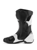 Alpinestars SMX S Boots, sport road motorcycle boots, Black and White, side profile showing durable microfiber upper with reinforced shin, ankle, and heel protectors, white accent panels, and accordion flex zones.
