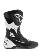 Alpinestars SMX S Boots, Motorcycle Racing Boots, Black and White, featuring a durable microfiber upper with protective PU shin and heel shields, accordion flex zones, and integrated toe slider, CE certified for performance road and sport riding.