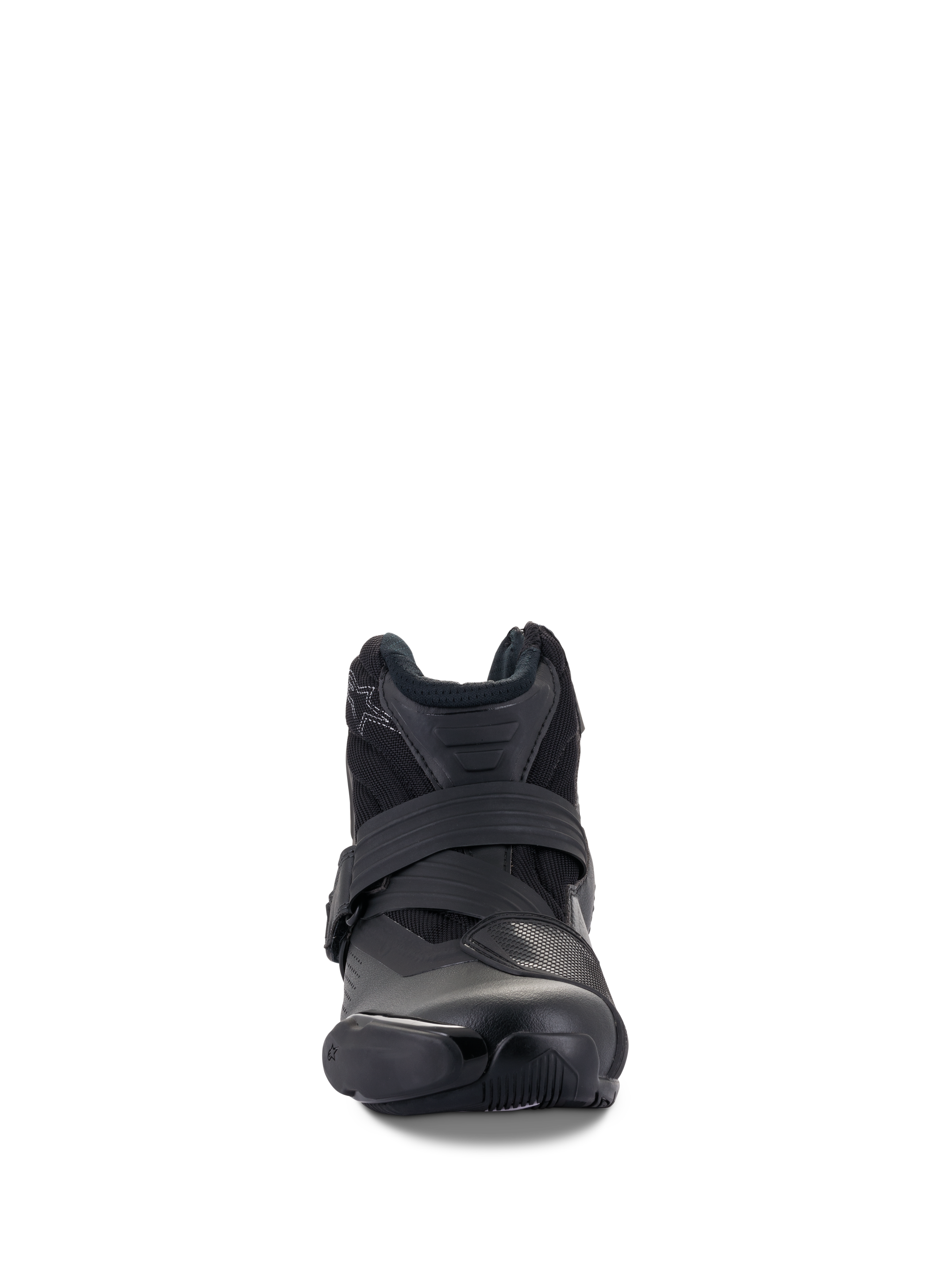 Alpinestars SMX-1 R V2 Vented Boots, Black, low-cut performance riding shoe, front-on view showing strap closure and TPU toe protection, ventilated microfiber upper