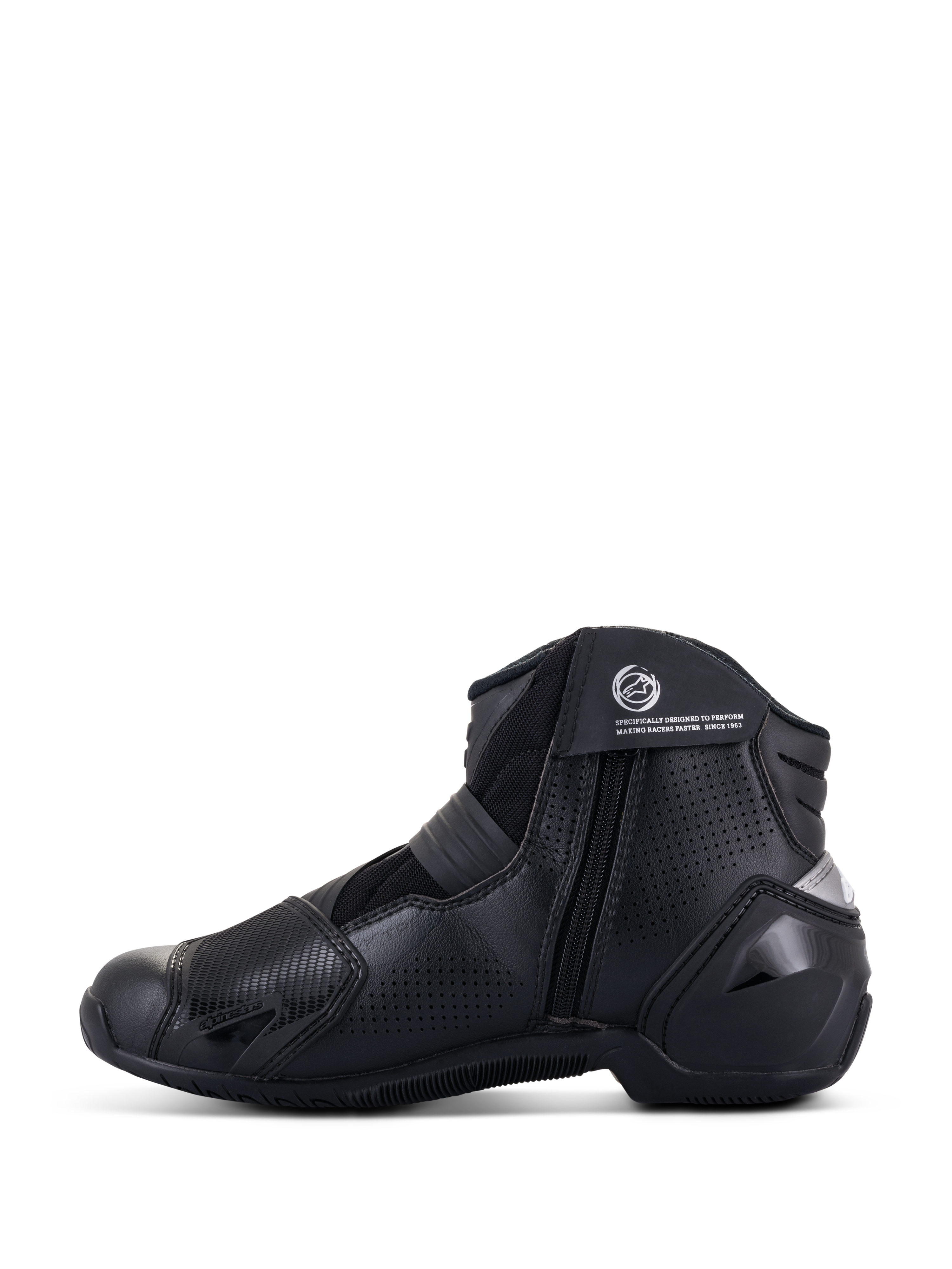 Alpinestars SMX-1 R V2 Vented Boots, Black, low-cut performance motorcycle footwear, side profile view showing perforated microfiber upper, TPU protectors, and side zipper closure.