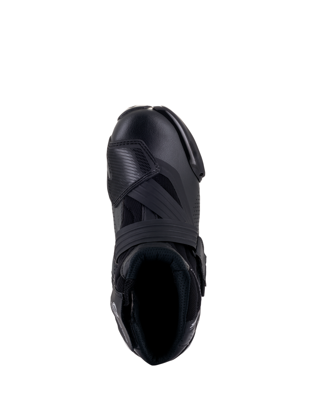 Alpinestars SMX-1 R V2 Vented Boots, Black, top-down view showing the ventilated microfiber upper, TPU shift pad, and ergonomic collar for performance riding.