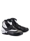 Alpinestars SMX-1 R V2 Vented Boots, low-cut motorcycle riding shoes, Black and White, featuring perforated microfiber upper for ventilation, TPU heel counter and shift pad, side zipper with strap closure, designed for performance road and sport riding