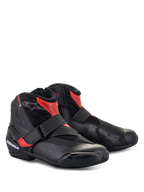 Alpinestars SMX-1 R V2 Vented Boots, low-cut motorcycle riding shoes, Black and Red, featuring perforated microfiber for airflow, TPU protection, and strap closure for sport road riding.