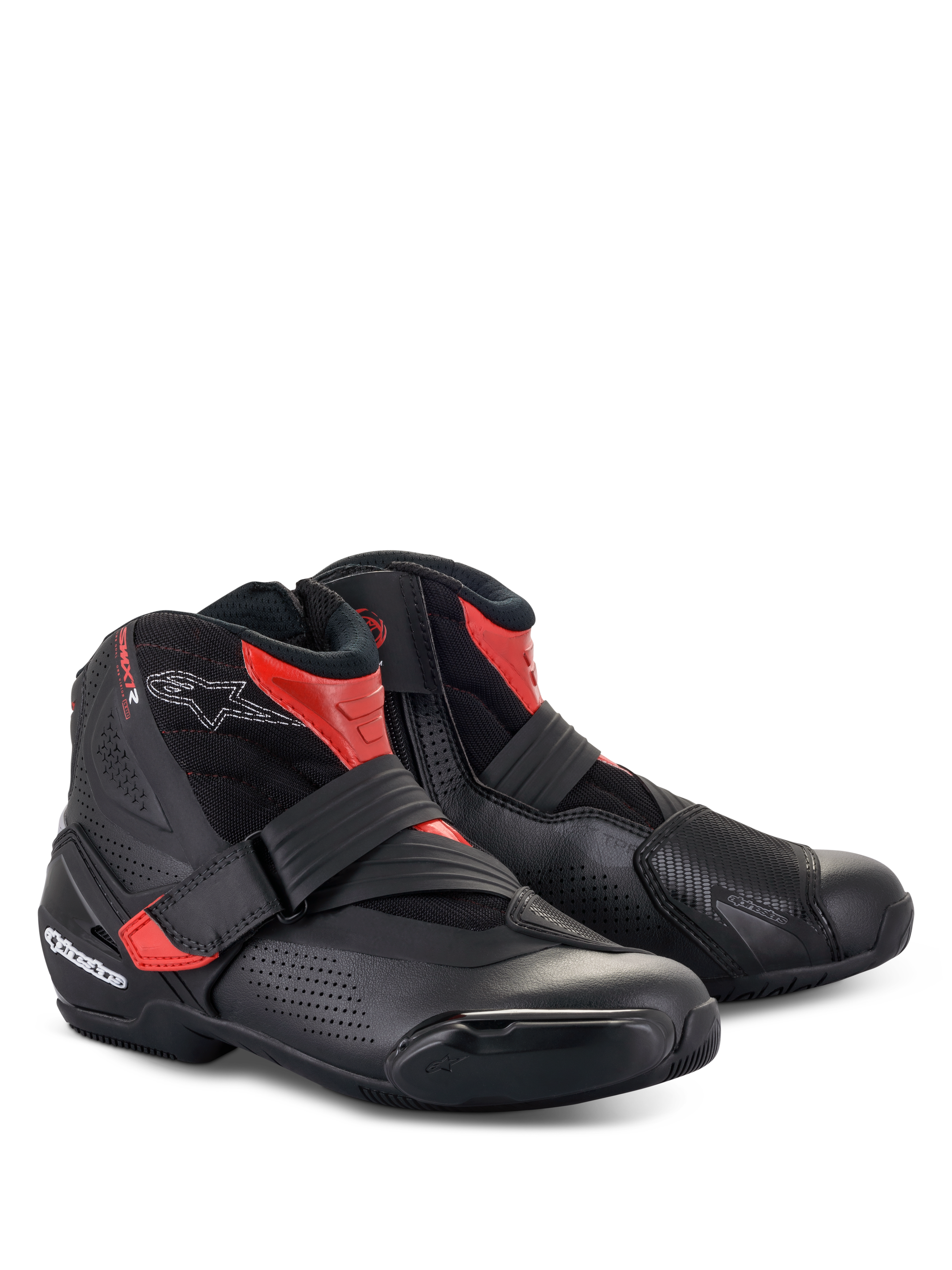 Alpinestars SMX-1 R V2 Vented Boots, low-cut motorcycle riding shoes, Black and Red, featuring perforated microfiber for airflow, TPU protection, and strap closure for sport road riding.