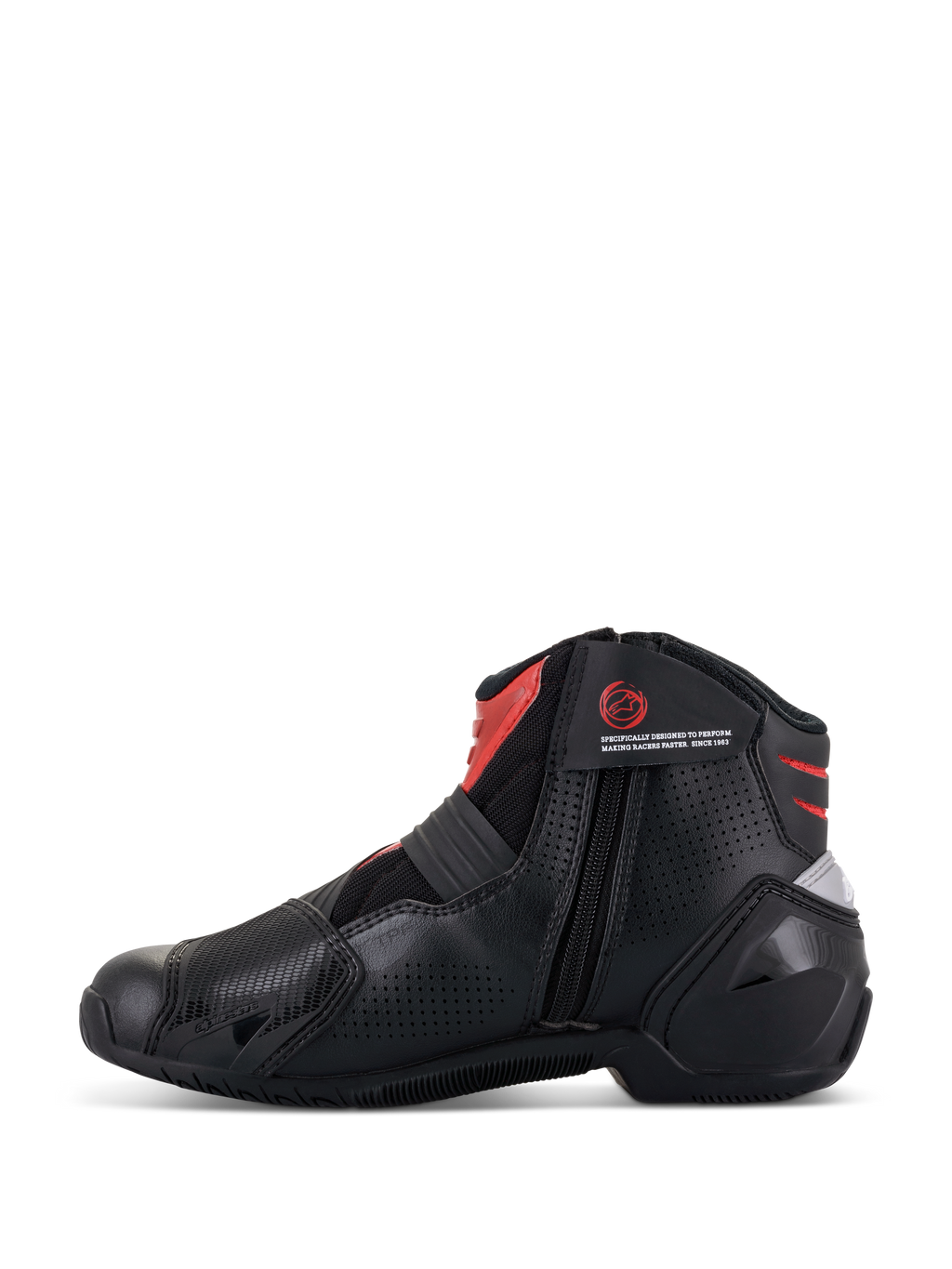 Alpinestars SMX-1 R V2 Vented Boots, Black and Red, low-cut motorcycle riding shoe, side profile showing medial zipper closure, perforated microfiber upper for airflow, red accents on the ankle and tongue, performance footwear for road riding.