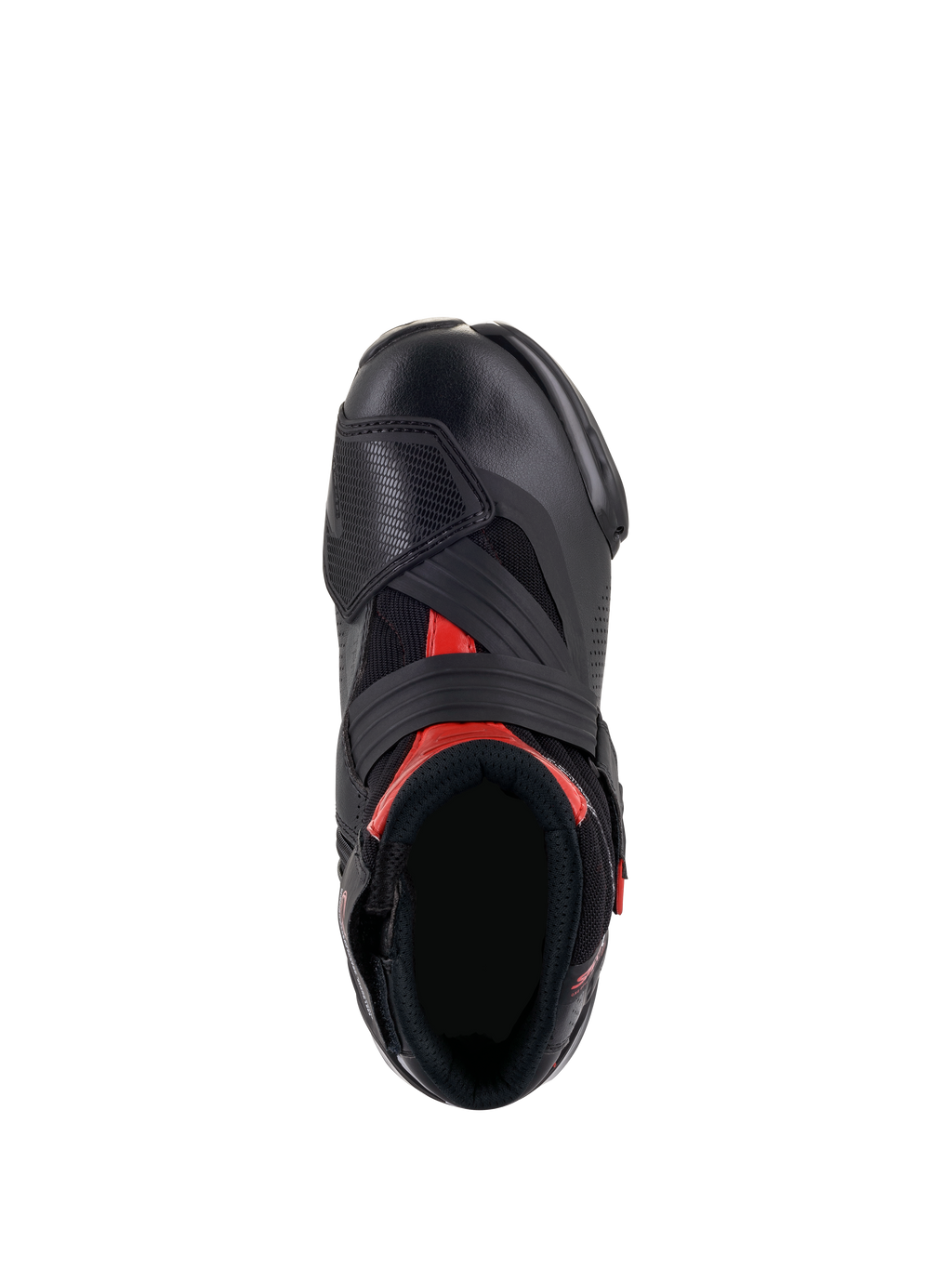 Alpinestars SMX-1 R V2 Vented Boots, Black and Red, top-down view showing the foot opening and upper construction, featuring perforated microfiber, red accents, and a wide Velcro instep strap.