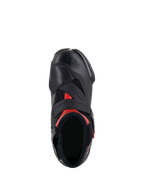 Alpinestars SMX-1 R V2 Vented Boots, Black and Red, top-down view showing the foot opening and upper construction, featuring perforated microfiber, red accents, and a wide Velcro instep strap.