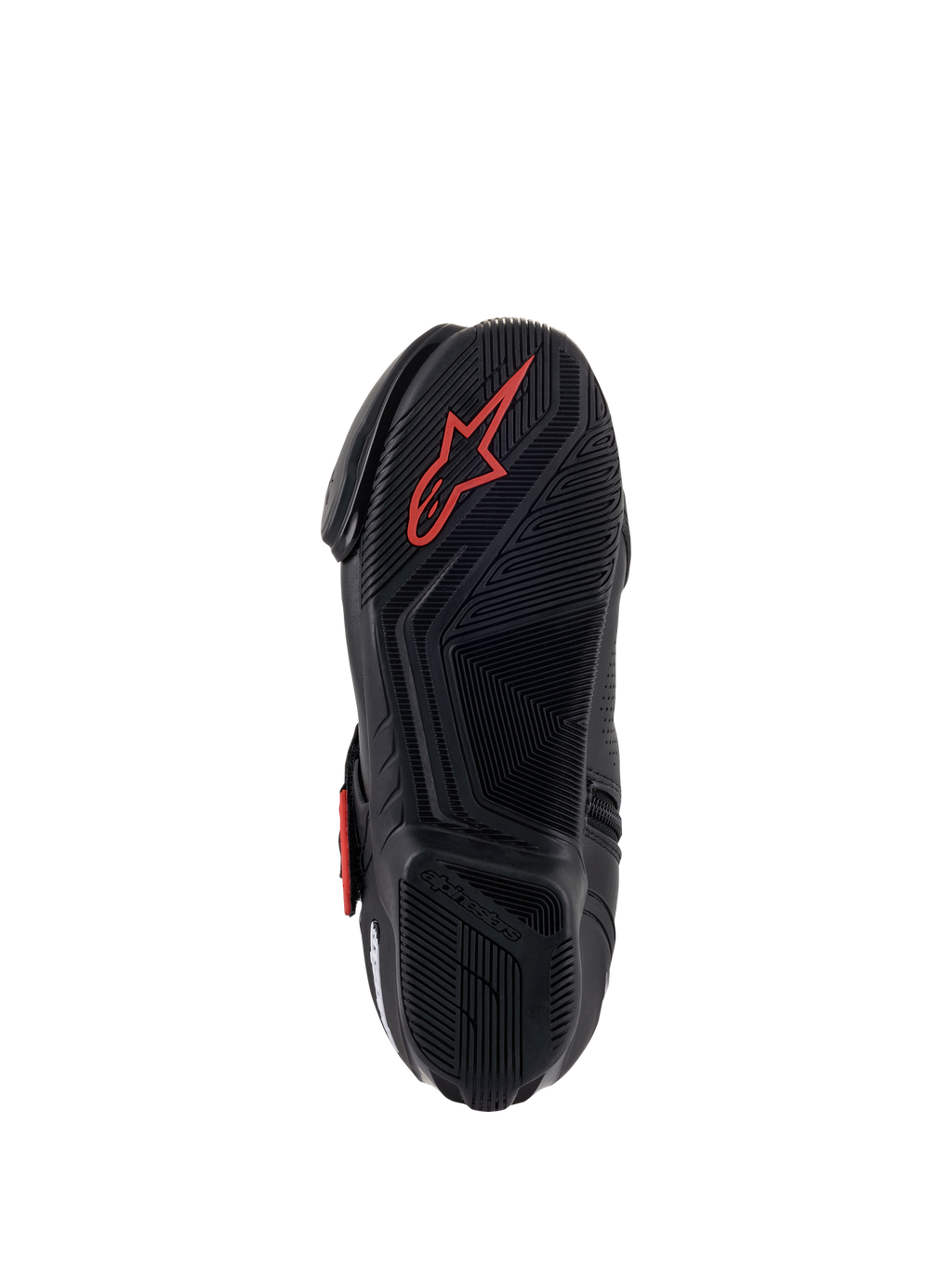 Alpinestars SMX-1 R V2 Vented Boots, Motorcycle Riding Shoe, Black and Red, Bottom view of the rubber compound sole featuring textured grip patterns and a red Astars logo