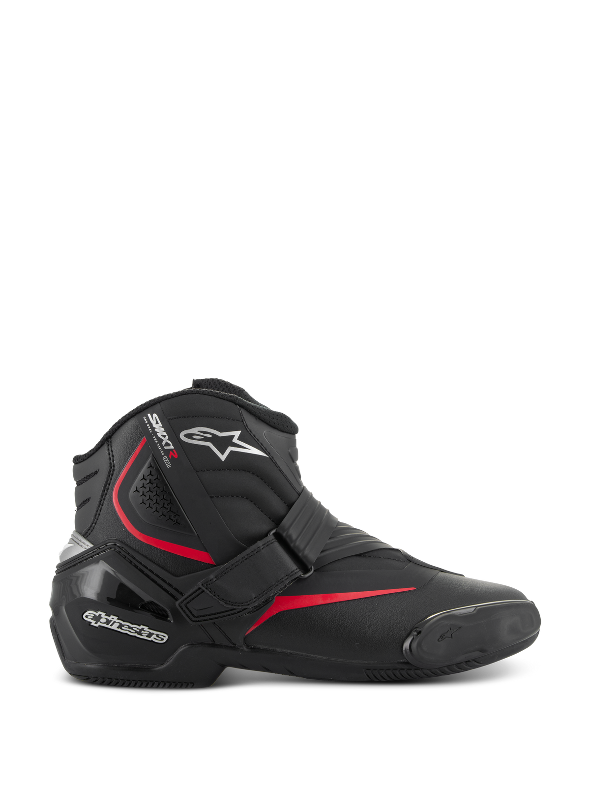 Alpinestars SMX-1 R V2 stövlar, lågskurna motorcykelstövlar, svarta med röda och vita detaljer, säker kardborrestängning, förstärkt TPU-hälkappa och ankelskydd, dragspelsformade flexzoner och texturerad gummisula för sportig vägkörning