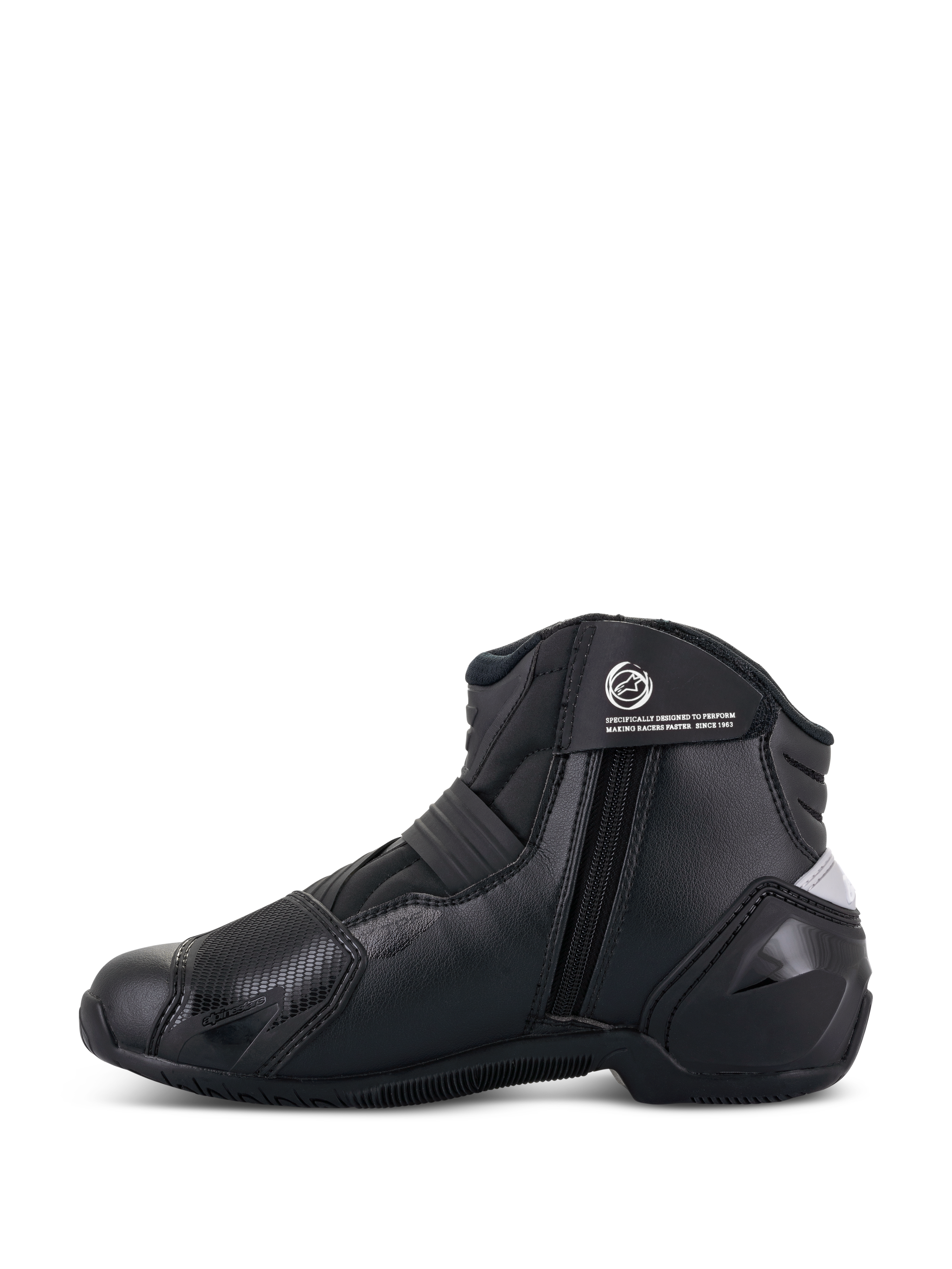Alpinestars Women Stella SMX-1 R V2 Boots, Black, low-cut performance motorcycle riding boot, side profile view showing zipper closure, ankle strap with logo, and microfiber construction with TPU heel counter