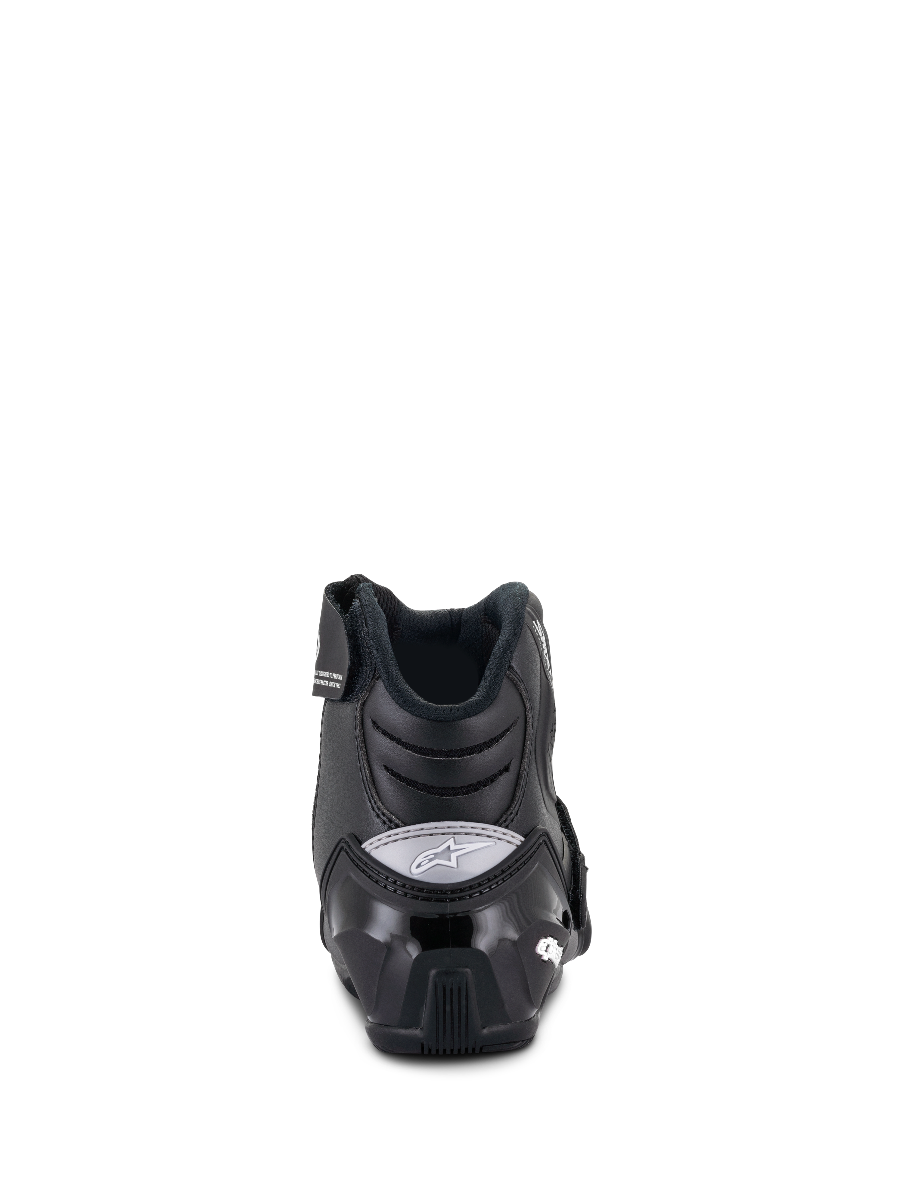Alpinestars Women Stella SMX-1 R V2 Boots, low-cut motorcycle boots, Black, rear view showing reinforced TPU heel counter and grey Alpinestars logo, performance riding footwear