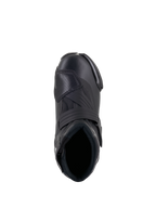 Alpinestars Women Stella SMX-1 R V2 Boots, low-cut performance motorcycle riding shoe in Black, top-down view showing the foot opening, instep strap, and textured TPU shift pad, sleek microfiber construction