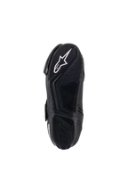 Alpinestars Women Stella SMX-1 R V2 Boots, Black, underside view of the rubber compound sole, featuring a high-grip pattern and a white Alpinestars star logo, performance motorcycle footwear