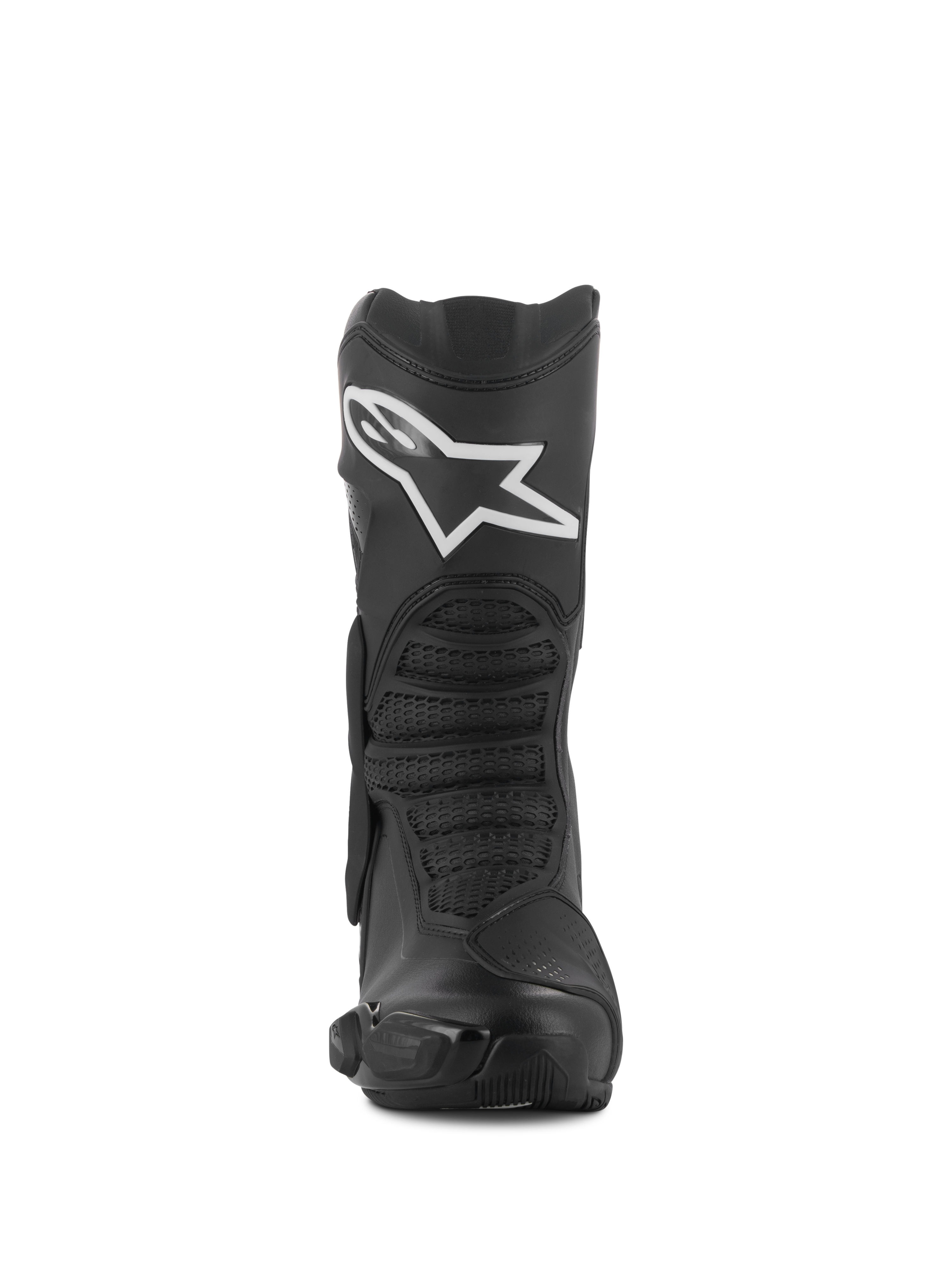 Alpinestars SMX-6 V3 Drystar® Boots, Black, Front View, Sport and Performance Riding Boots featuring white Alpinestars logo on the shin, TPU protectors, and textured flex zones