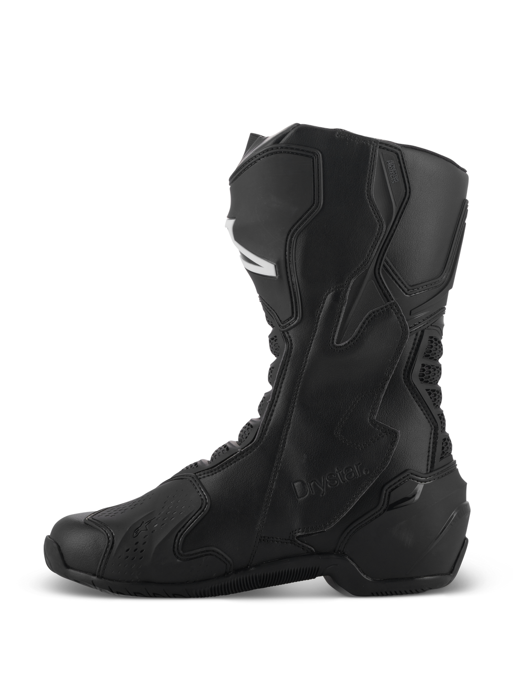 Alpinestars SMX-6 V3 Drystar® Boots, Black motorcycle performance boots, side profile showing high-cut microfiber construction, protective TPU panels, and Drystar branding