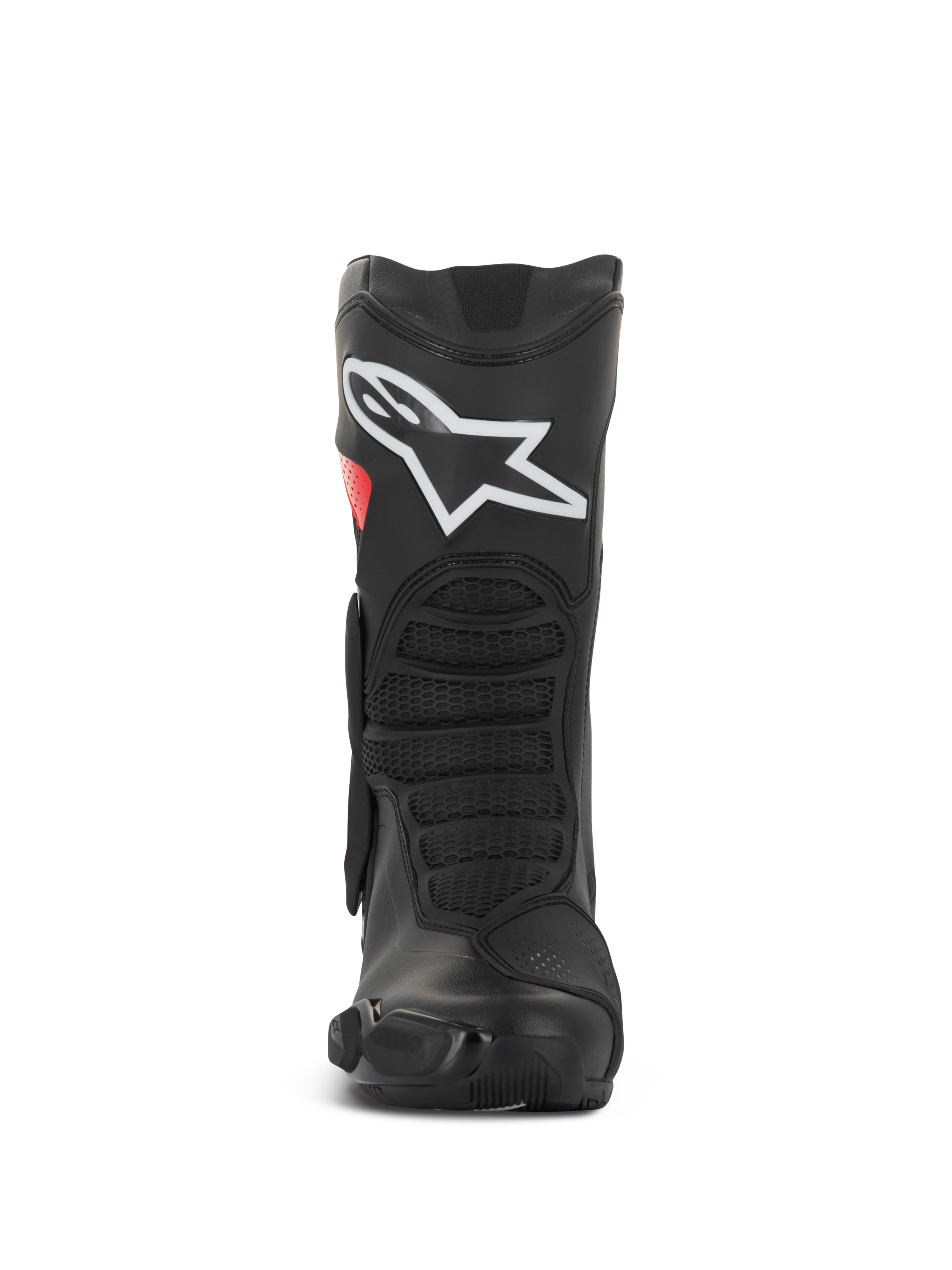 Alpinestars SMX-6 V3 Drystar® Boots, Performance Motorcycle Riding Boots, Black and Red, front view featuring large white logo on the shin, textured front flex zones, and sleek protective design