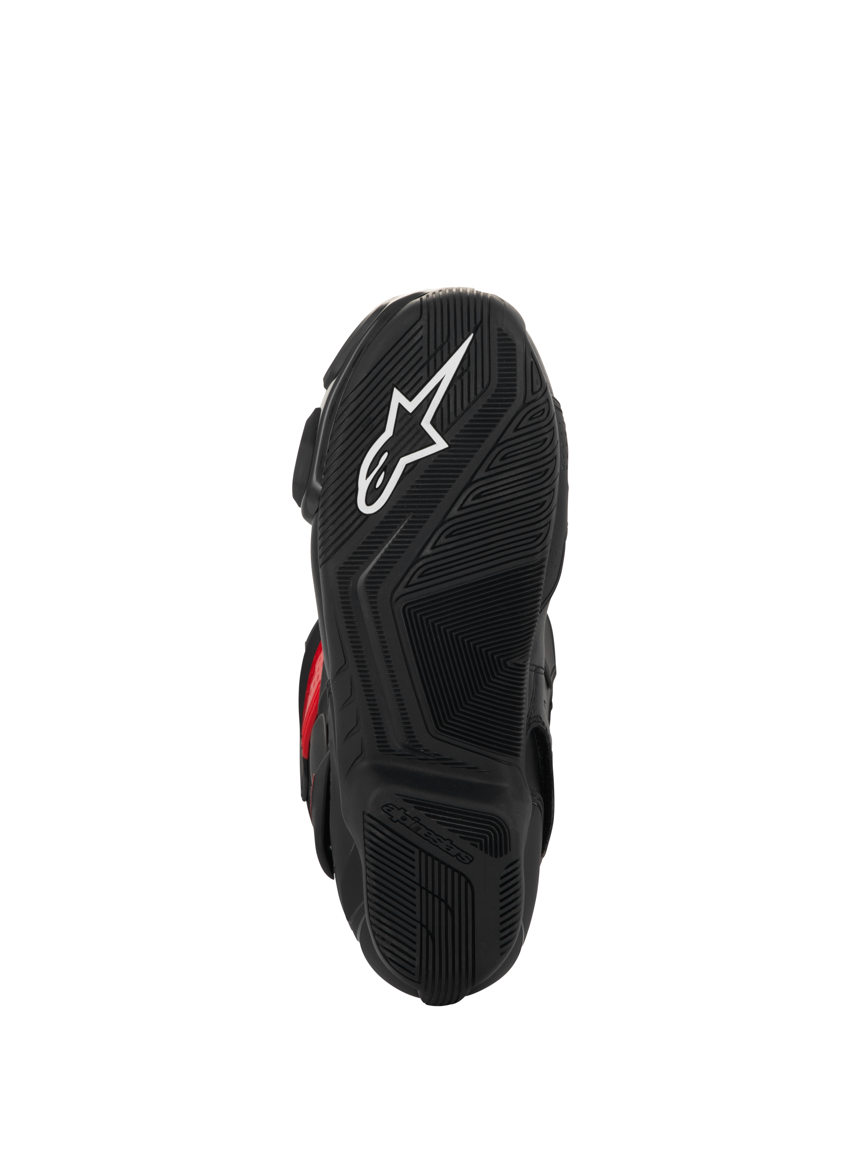 Alpinestars SMX-6 V3 Drystar® Boots, bottom sole view, black textured rubber for grip, featuring a white star logo and embossed Alpinestars branding, performance motorcycle footwear.