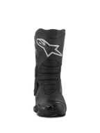 Alpinestars Stella SMX-6 V3 Drystar® Boots, Women's Motorcycle Riding Boots, Black and Silver, front view featuring a prominent white Astar logo on the shin plate, advanced microfiber construction with textured protective zones