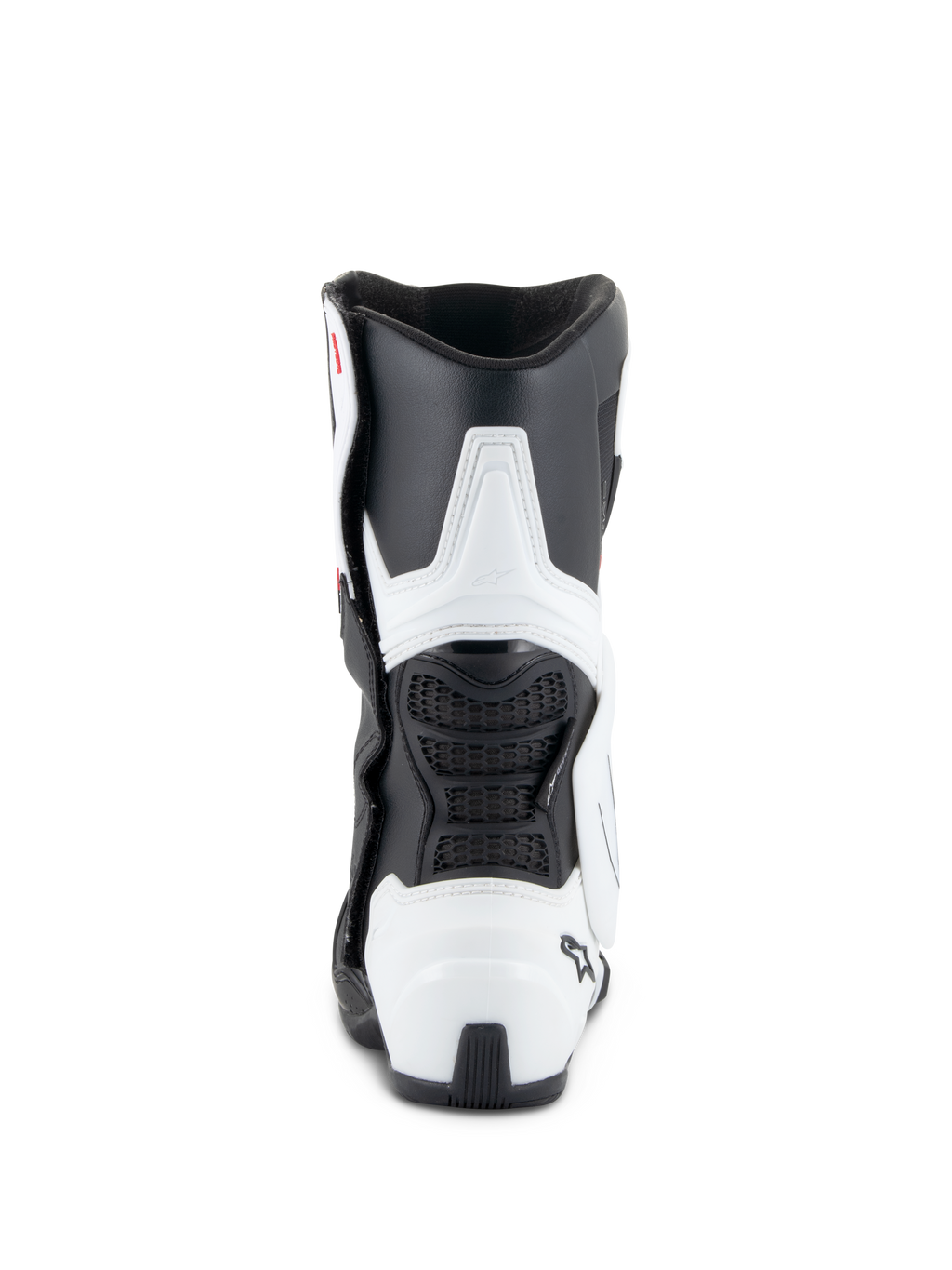 Alpinestars Stella SMX-6 V3 Drystar® Boots, Women's Motorcycle Boots, White and Black, rear view featuring TPU calf and heel protection, flexible black mesh panels, and ergonomic racing-derived design.