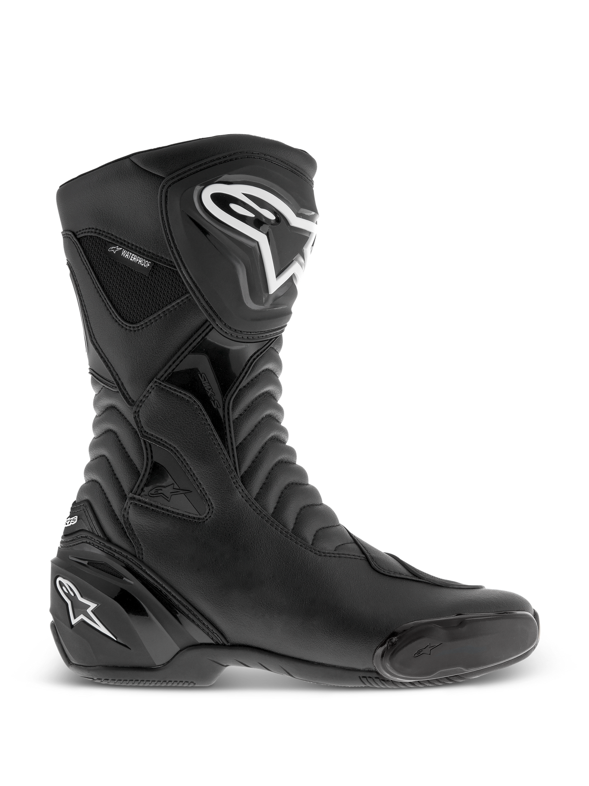 Alpinestars SMX S Waterproof stövlar, svarta motorcykelstövlar, sidoprofil med vita logotyper på smalben och häl, texturerade dragspelspaneler, hållbar mikrofiberkonstruktion och vattentät märkning, stilren sport-touring-fotbeklädnad