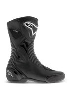 Alpinestars SMX S Waterproof Boots, Black motorcycle boots, side profile view featuring white logos on the shin and heel, textured accordion flex panels, durable microfiber construction, and waterproof branding, sleek sport-touring footwear
