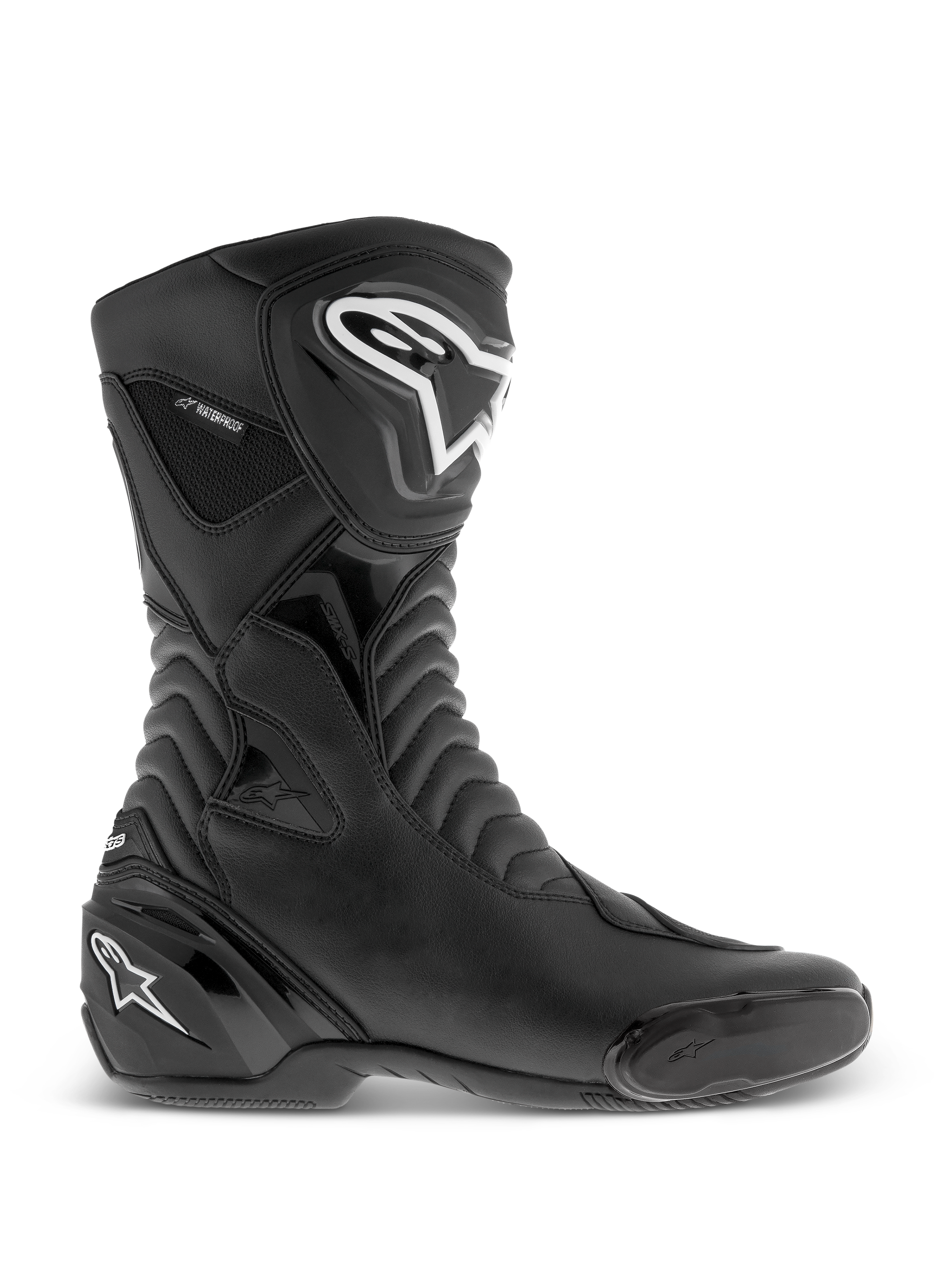 Alpinestars SMX S Waterproof Boots, Black motorcycle boots, side profile view featuring white logos on the shin and heel, textured accordion flex panels, durable microfiber construction, and waterproof branding, sleek sport-touring footwear