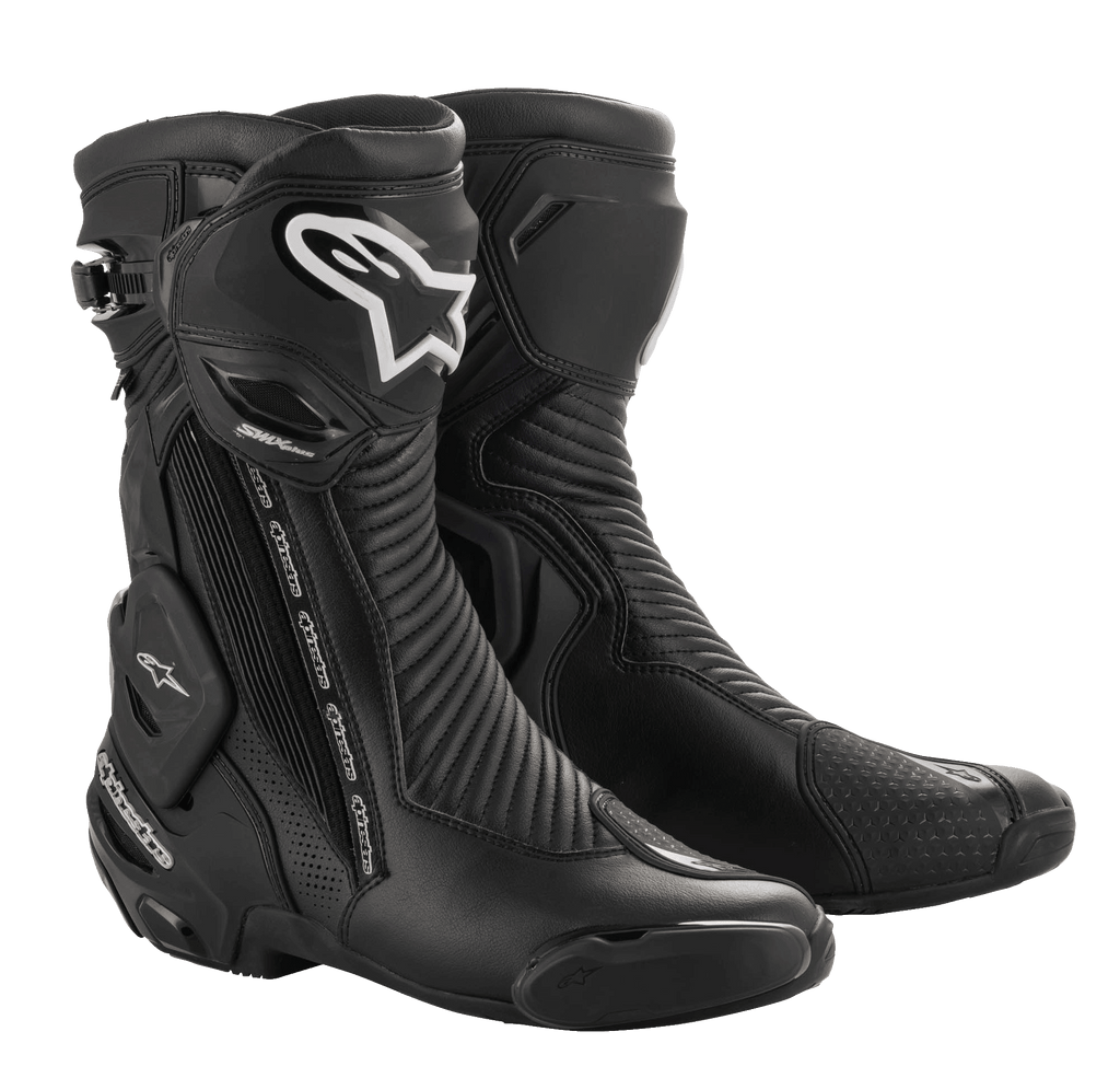 Alpinestars SMX Plus V2 GORE-TEX Boot, black motorcycle racing boots with silver and white logos, waterproof and breathable design, featuring reinforced ankle protection, flexible accordion panels, and protective TPU plates for racing and sport riding