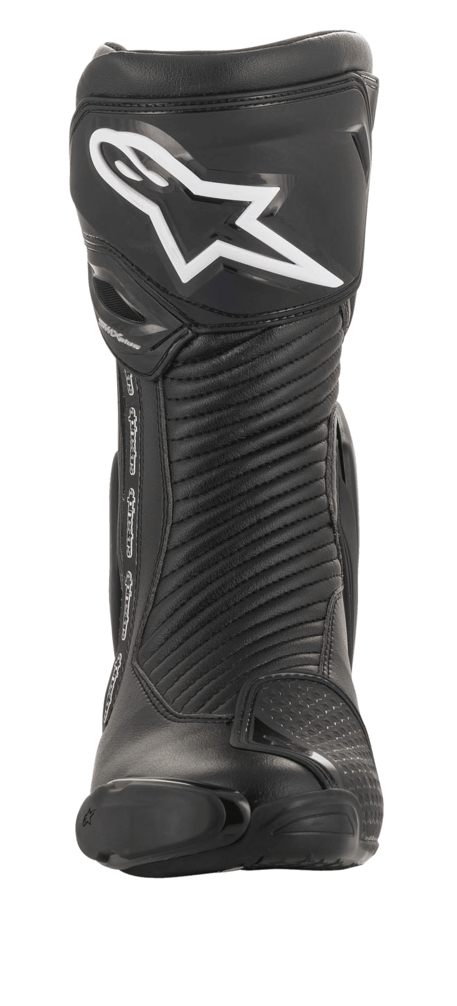 Alpinestars SMX Plus V2 GORE-TEX Boot, Motorcycle Racing Boot, Black and Silver, front view featuring a white Alpinestars logo on the shin plate, accordion flex panels, and protective toe slider.