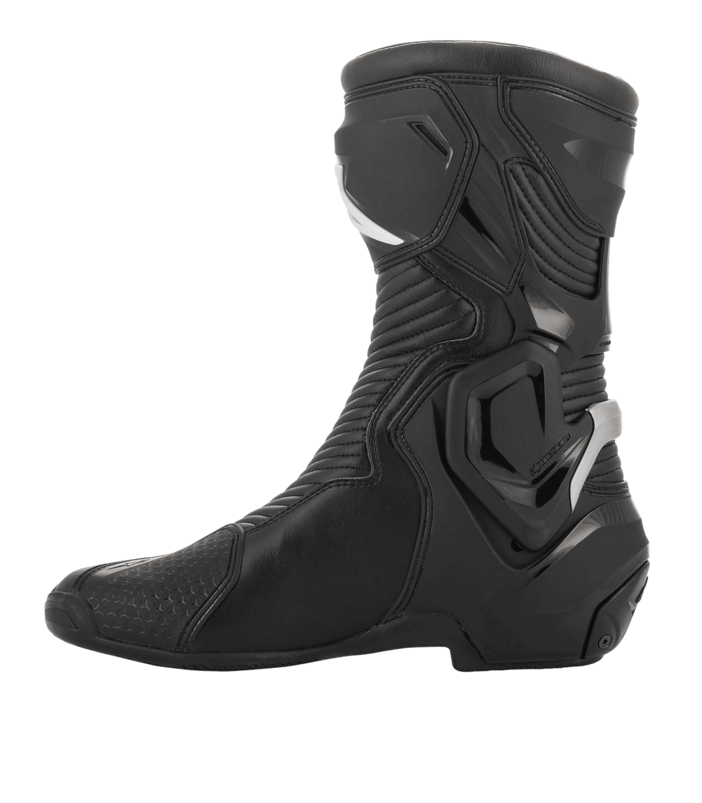 Alpinestars SMX Plus V2 GORE-TEX Boot, Performance Motorcycle Boot, Black and Silver, side profile view featuring advanced microfiber construction, Multi-Link Control ankle system, and flexible accordion panels for sport and touring riders.