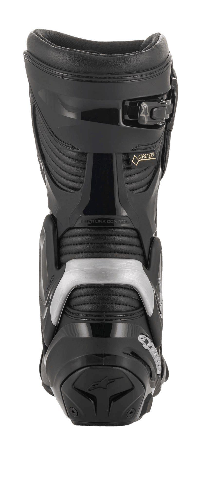 Alpinestars SMX Plus V2 GORE-TEX Boot, Rear View, Black and Silver, featuring Multi-Link Control system, TPU heel protector, and accordion stretch panels for motorcycle racing and touring