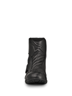 Alpinestars New Land GORE-TEX Boots, Black Road-Touring Motorcycle Boots, front view, full-grain leather construction with embossed star logo, accordion flex zones on the front, waterproof mid-length design for long-distance rides