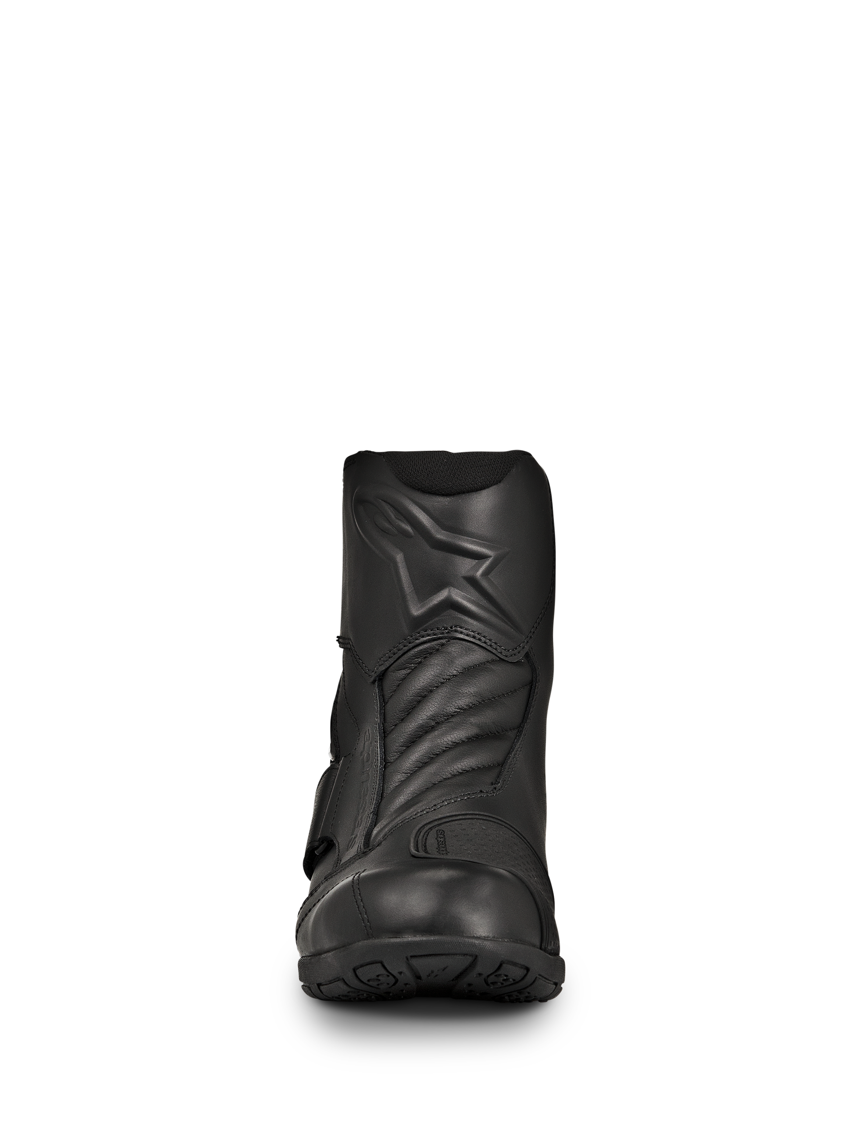Alpinestars New Land GORE-TEX Boots, Black Road-Touring Motorcycle Boots, front view, full-grain leather construction with embossed star logo, accordion flex zones on the front, waterproof mid-length design for long-distance rides