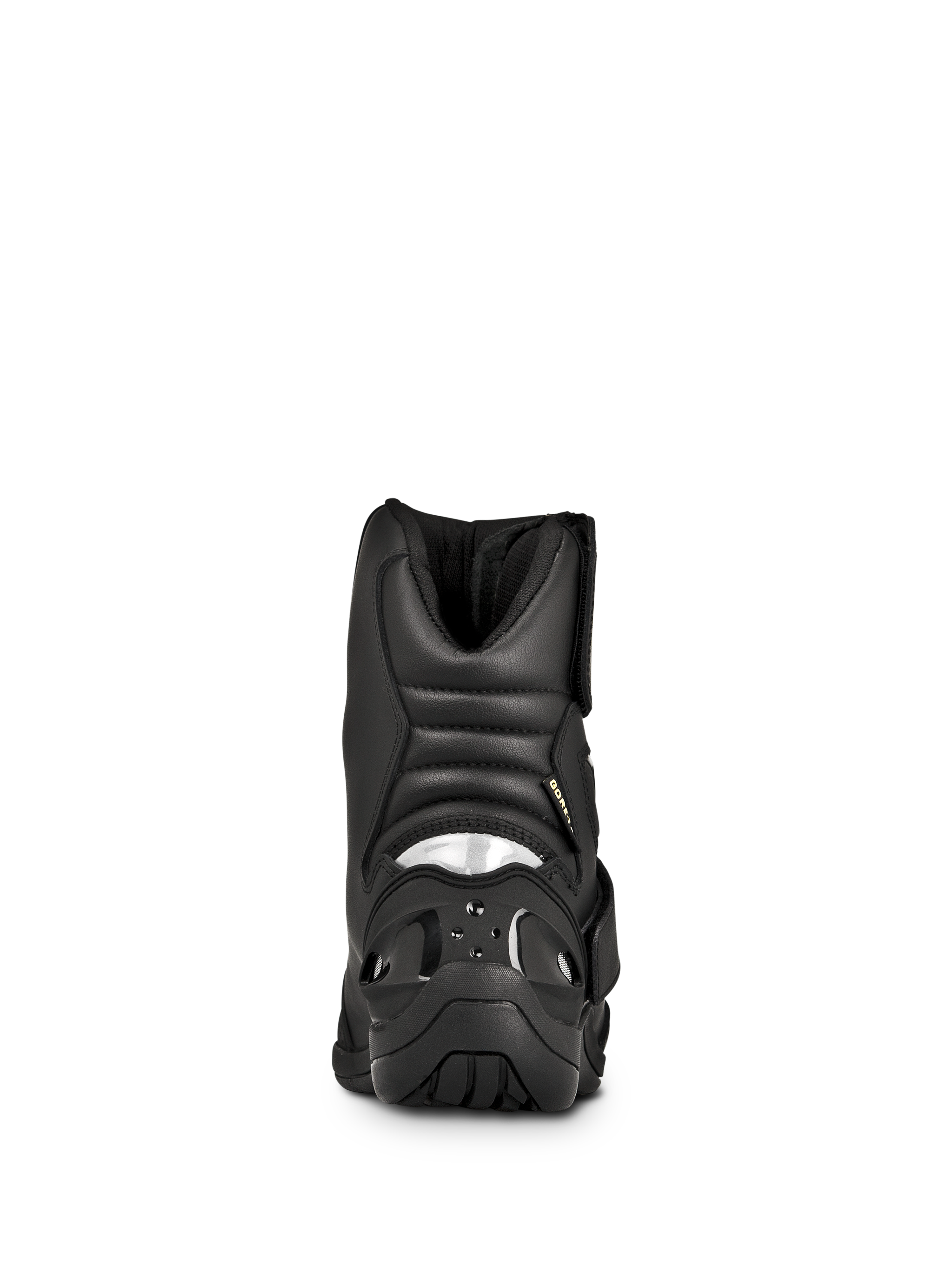 Alpinestars New Land GORE-TEX Boots, Road-Touring Motorcycle Boots, Black, rear view featuring padded accordion flex zones, reflective heel insert, and durable rubber outsole.