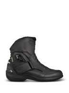 Alpinestars New Land GORE-TEX Boots, Black motorcycle touring boots, side profile featuring full-grain leather, Velcro ankle strap, GORE-TEX branding, and reinforced heel for waterproof protection.