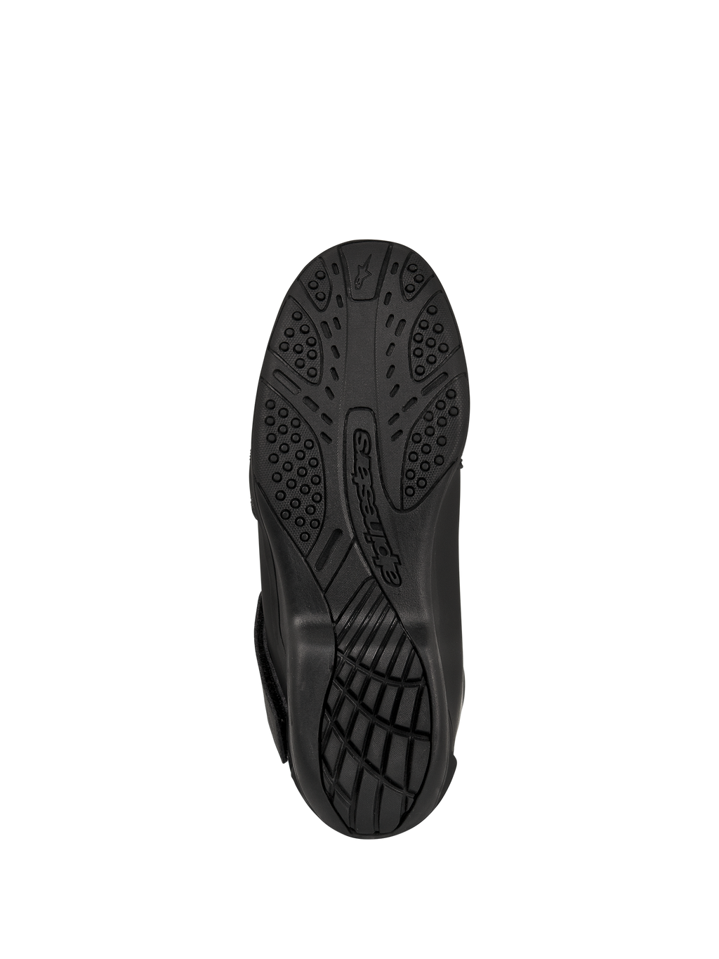 Alpinestars New Land GORE-TEX Boots, Black, bottom view of the vulcanized rubber compound outsole, textured tread pattern for grip and traction, featuring embossed Alpinestars branding, road-touring motorcycle footwear