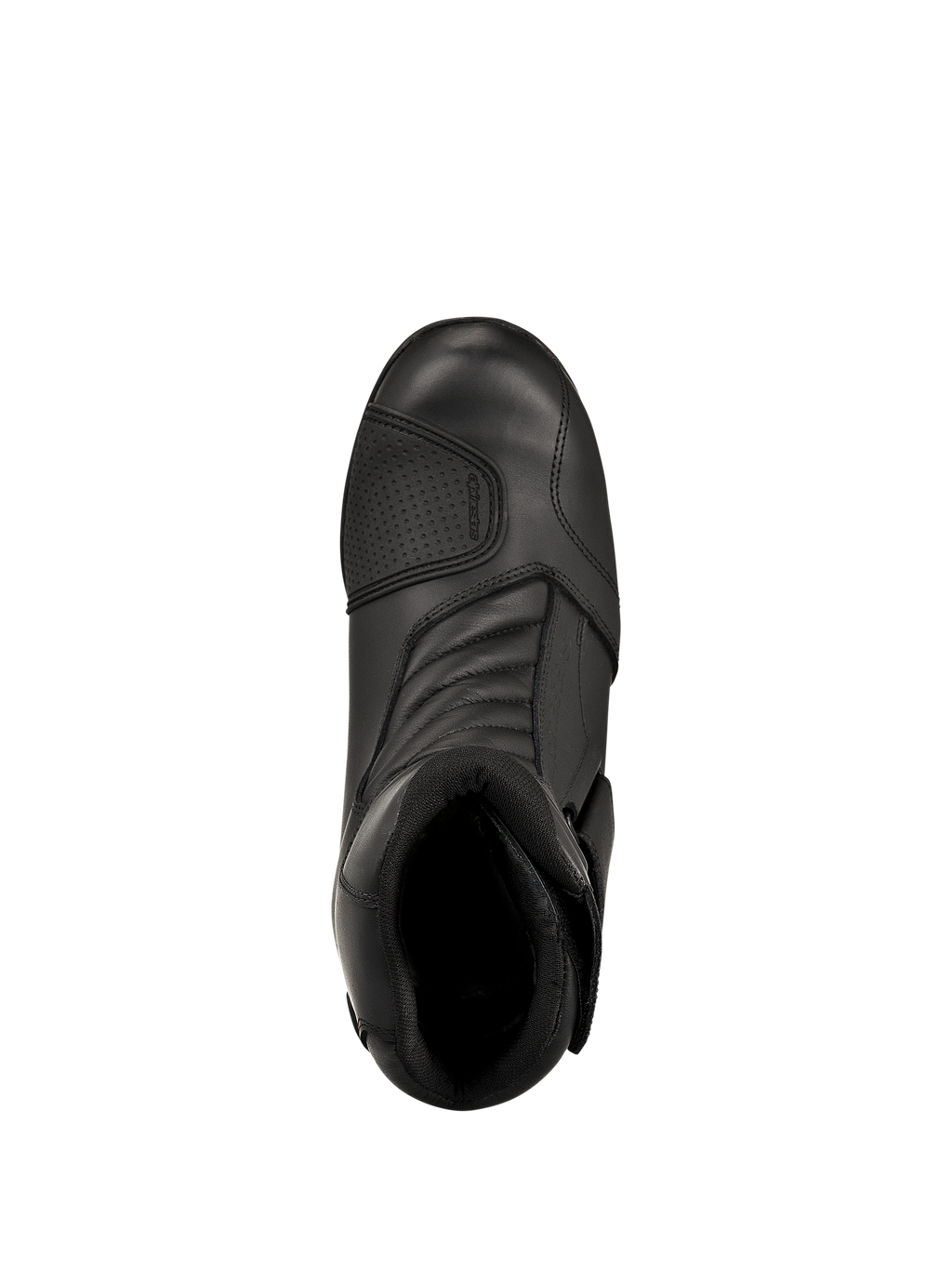 Alpinestars New Land GORE-TEX Boots, Black, top-down view, featuring full-grain leather construction, front accordion flex zones, and a reinforced shift pad, mid-length waterproof road touring motorcycle boots
