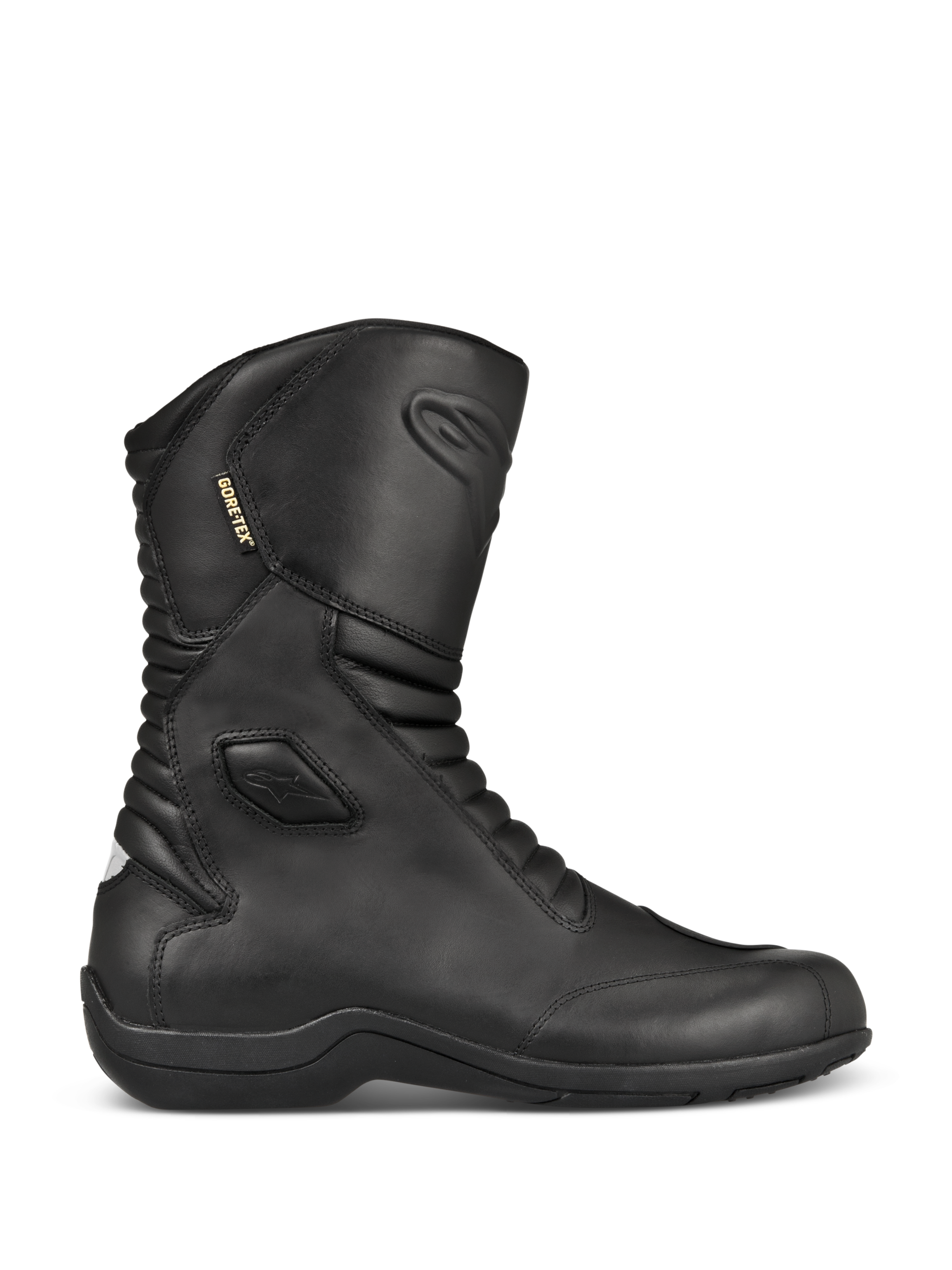 Alpinestars Web GORE-TEX stövlar, svarta motorcykelstövlar i läder för touring, sidoprofil, vattentätt GORE-TEX-foder, förstärkt ankel- och tåskydd, dragspelspaneler fram och bak, slitstark gummisula, stilren utrustning för alla väder
