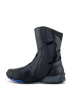 Alpinestars RT-8 GORE-TEX Boots, Motorcycle Touring Boots, Black and Blue, side profile view showing a sleek microfiber upper with perforated panels, integrated protection zones, and a rugged blue-accented sole.